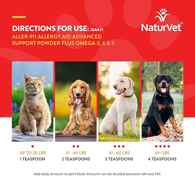 NaturVet Aller-911 Advanced Allergy Aid Formula Powder Plus Antioxidants for Dogs and Cats, 9 oz Powder, Made in The USA