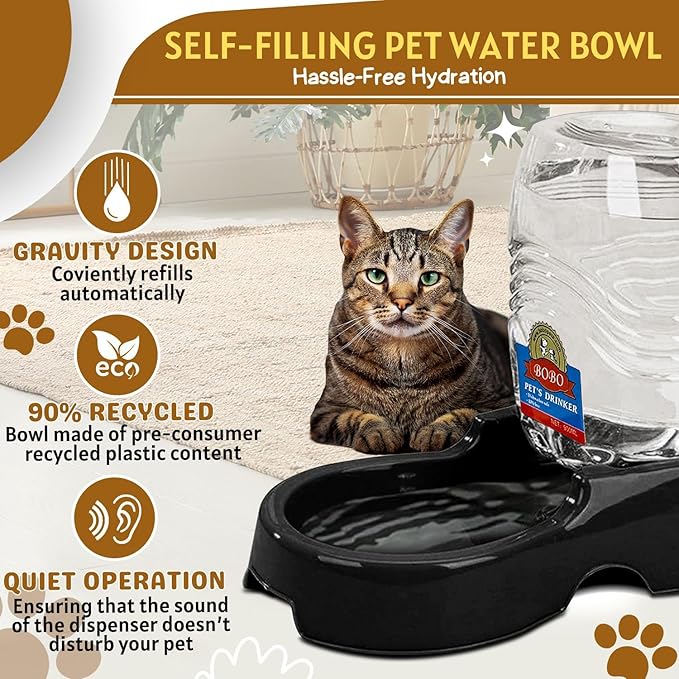 Flexzion Automatic Pet Water Dispenser - Self-Filling Cat & Dog Gravity Water Bowl, 3/8 Gallon (1.5L) Black Auto Cat Water Dispenser, Non-Skid & Easy-Clean Dog Water Feeder