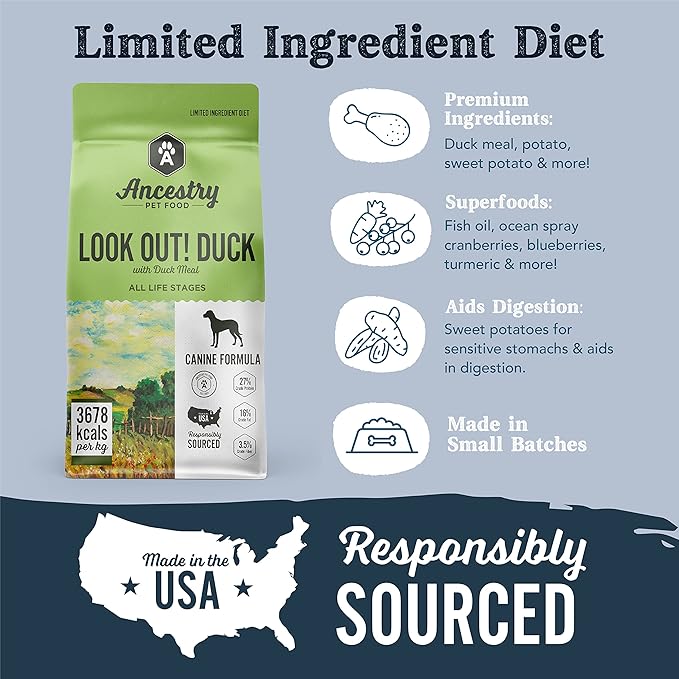Ancestry Dog Food, Duck Meal & Potato Recipe, Crude Protein, Fiber & Fat, For All Life Stages, Dry Dog Food, Prevent Food Allergies, Improve Gut Health, Grain Free, Immune Support (4 lb. Bag)