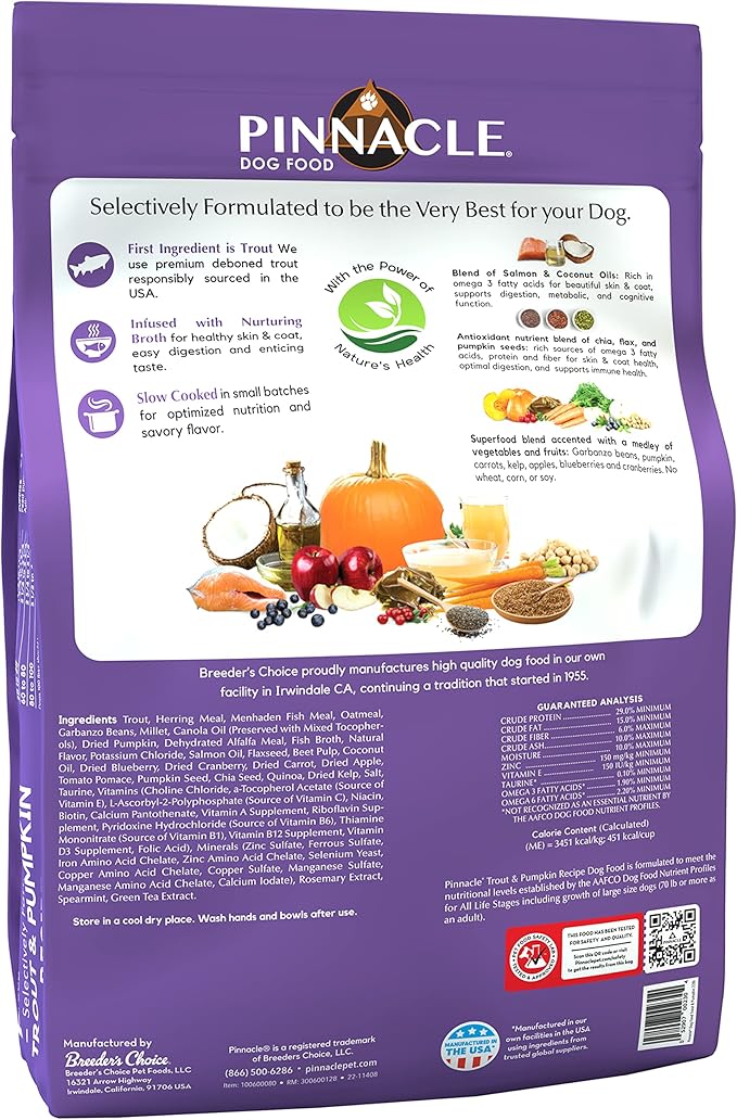 pinnacle pet Trout & Pumpkin Dry Dog Food 22 lb, Infused with Broth