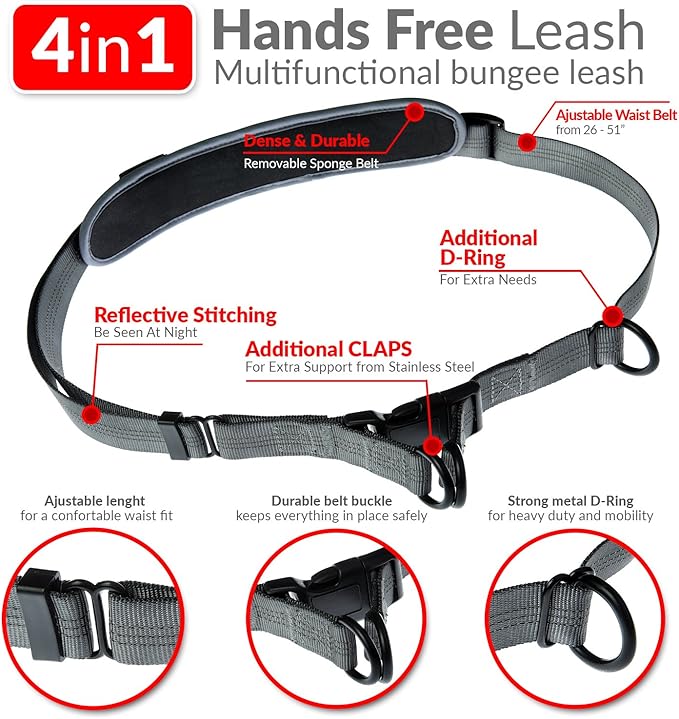 Hands Free Bungee Leash + Dual Dog Leash Coupler Kit Multifunctional + Retractable Traffic Jogging Hiking Leash & Reflective Pet Leash • Adjustable Body System + Padded Handles • Take Yankee