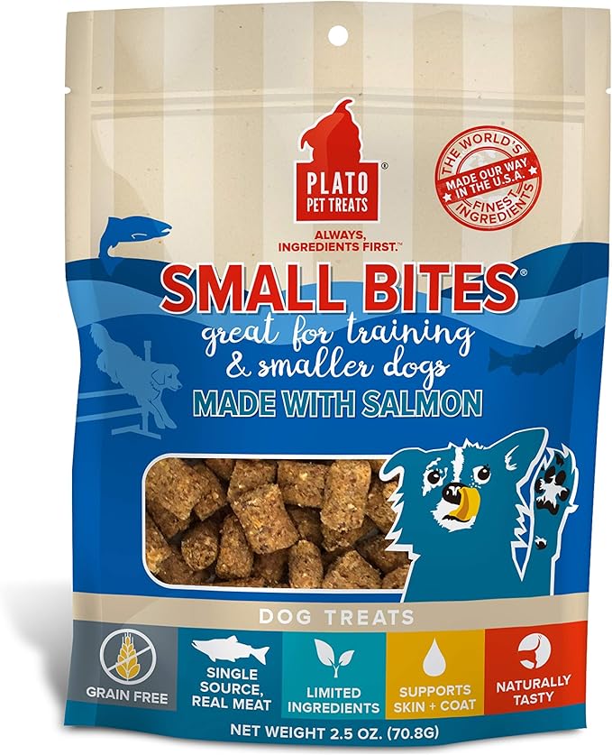 PLATO Small Bites Dog Treats, Natural Bite Sized Real Meat & Salmon Flavor, Grain Free & High in Protein, Air Dried Authentic Ingredients, 2 Calories Per Treat, Made in the USA, 2.5 Ounces