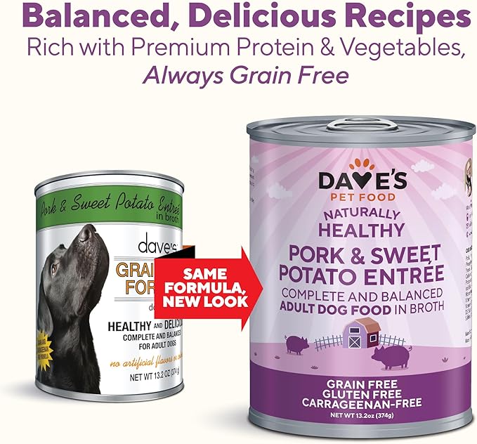 Dave's Pet Food Grain Free Wet Dog Food (Pork & Sweet Potato in Broth), Made in Canada Naturally Healthy Canned Dog Food, Added Vitamins & Minerals, Wheat & Gluten-Free, 13.2 oz (Case of 12)