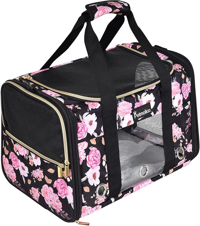 Petmolico Cat Carrier Dog Carrier, Soft Pet Travel Carrier with 3 Open Doors Mesh Windows for Cats Puppy 22 lbs, Pink Peony, Large
