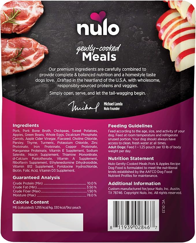 Nulo Gently-Cooked Meals Complete and Balanced Adult Wet Dog Food, Pork & Apple, 9 Ounce, 8 Count