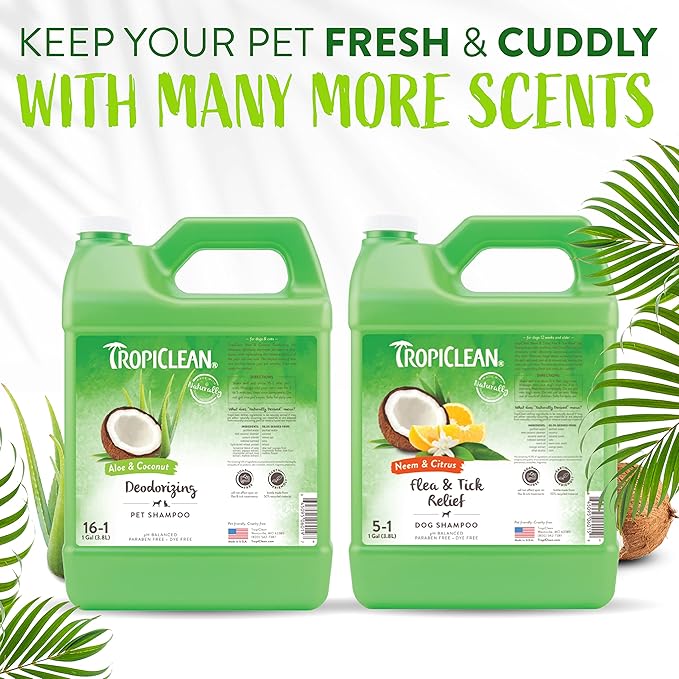 TropiClean Aloe & Coconut Deodorizing Dog Shampoo for Smelly Dogs | Odor Control Shampoo for Stinky Dogs | Natural Pet Shampoo Derived from Natural Ingredients | Cat Friendly | Made in the USA | 1 gal