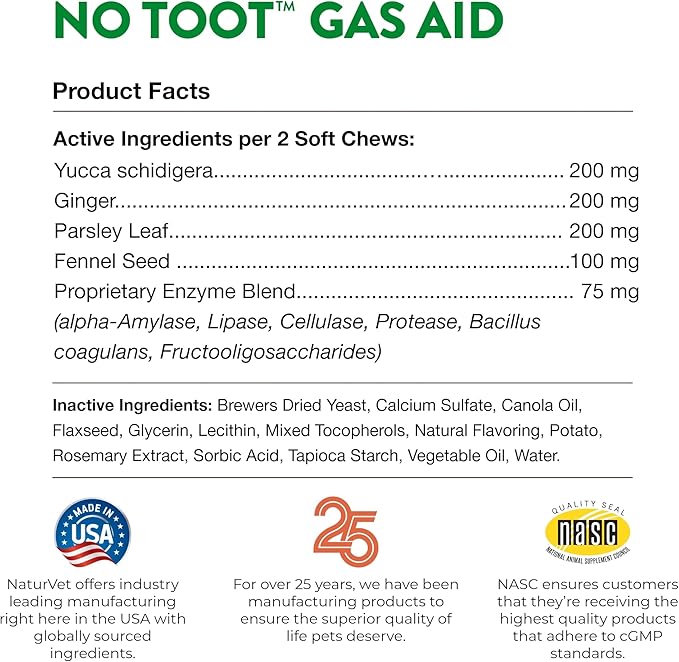 NaturVet – No Toot Gas Aid For Dogs Plus Fennel – 70 Soft Chews | Alleviates Intestinal Gas | Helps Reduce Stool & Urine Odors | 30 Day Supply