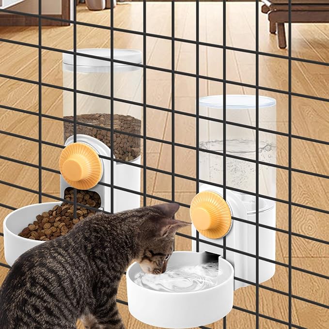Hanging Cage Automatic Small Pet Food Bowl Water Bottle Dispenser, 1L Auto Gravity Pet Feeder and Waterer Set Kennel Feeding Station Crate Feeder Dish for Puppy Cats Rabbit Ferret (White)