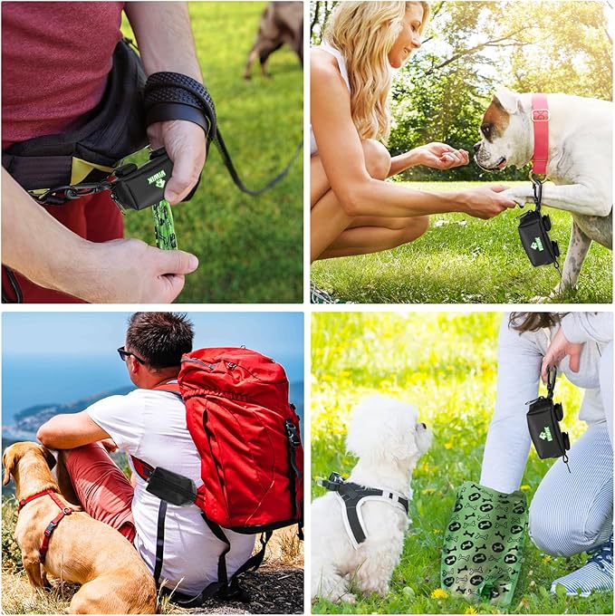 Dog Poop Bag Holder for Leash, 2 Pack Dog Waste Bag Dispenser with 2 Roll of Pet Trash Bags and Carabiner Clip, Soft Portable Doggy Poop Bag Dispenser with Hand Free Holder Carrier, Black