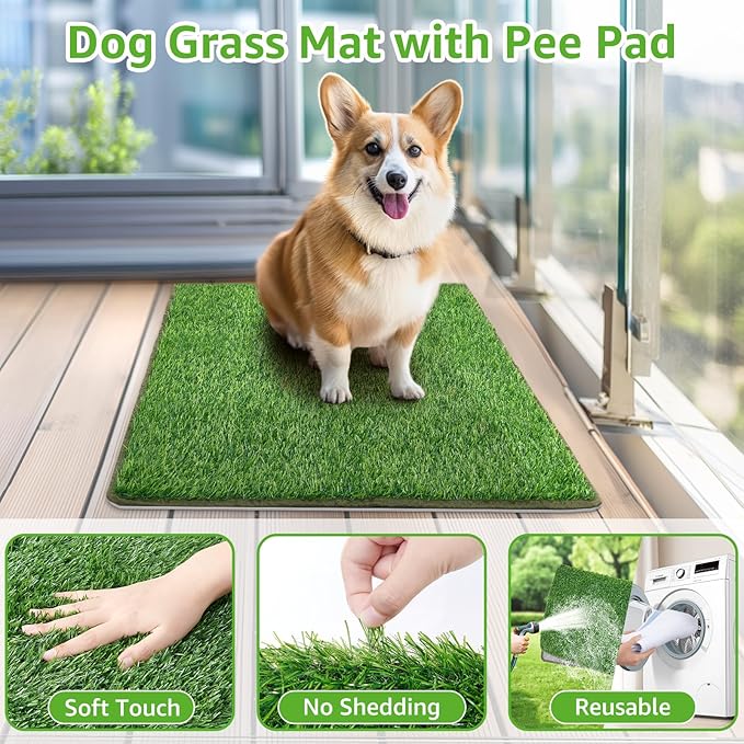 PICK FOR LIFE Dog Grass Mat with Pee Pad,Artificial Indoor Grass Potty Training Pads for Dogs Doggies Washable,Reusable Puppy Pads Leakproof on Outdoor Patio Balcony Apartment(24.5x39'')