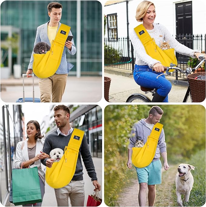 CUBY Dog and Cat Sling Carrier - Hands Free Reversible Pet Papoose Bag - Soft Pouch and Tote Design - Suitable for Puppy, Small Dogs Cats Outdoor (Yellow, Unadjustable strap)