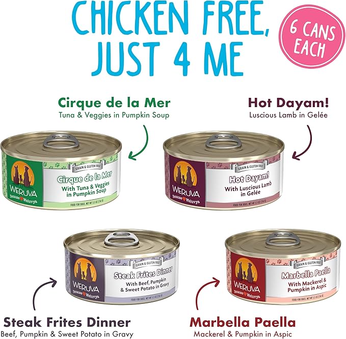 Weruva Classic Dog Food, Variety Pack, Chicken Free, Just 4 Me, Wet Dog Food, 5.5oz Cans (Pack of 24)