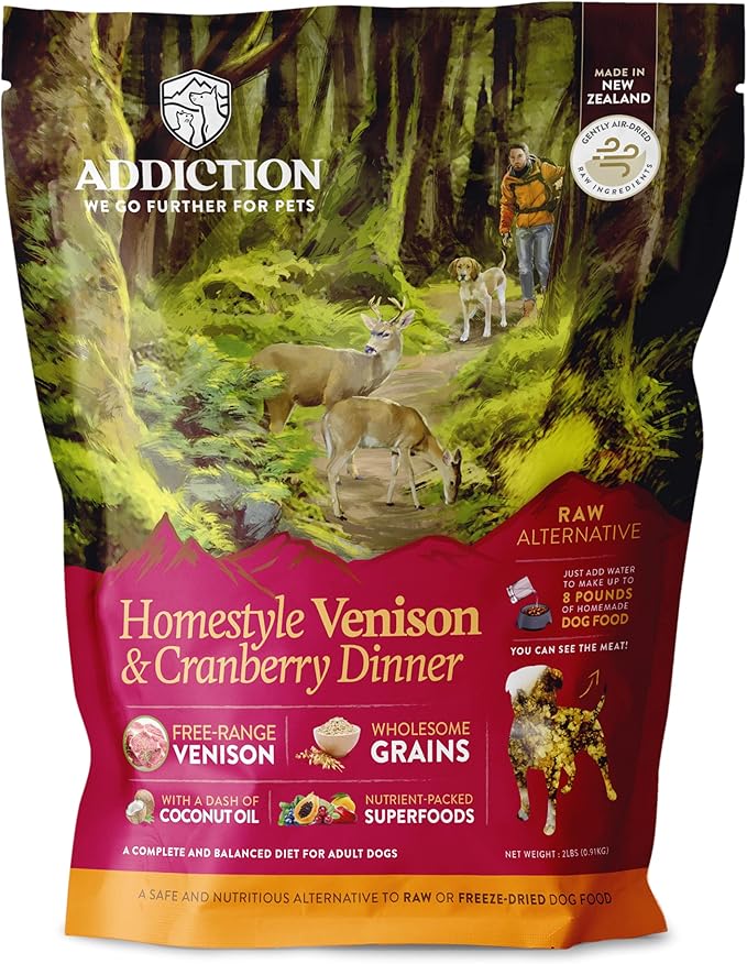 Addiction Homestyle Venison & Cranberry Dinner Raw Alternative Dog Food - Gently Air-Dried Complete Meal or Dog Food Topper for Digestive and Skin and Coat Health, 2 lb