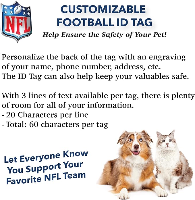 NFL Carolina Panthers Engraving Pet ID Tags in 32 Team Logo Shapes Personalized Dog Tags and Cat Tags with 3 Lines of Customizable Text for Tracking & Safety. Stainless Steel Pet ID Tracking Tags