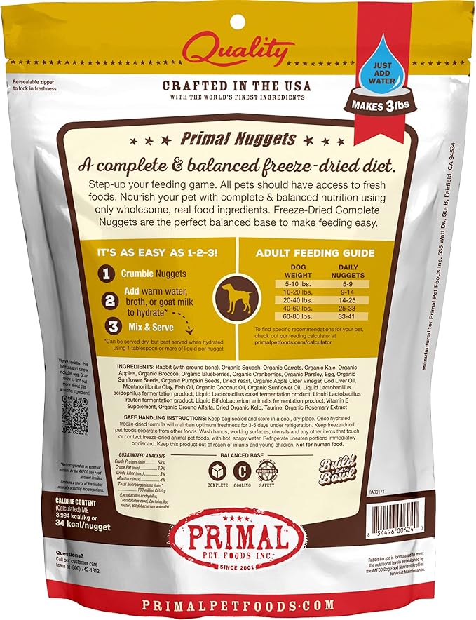 Primal Freeze Dried Dog Food Nuggets, Rabbit; Complete & Balanced Meal; Also Use as Topper or Treat; Premium, Healthy, Grain Free, High Protein Raw Dog Food, 14 oz