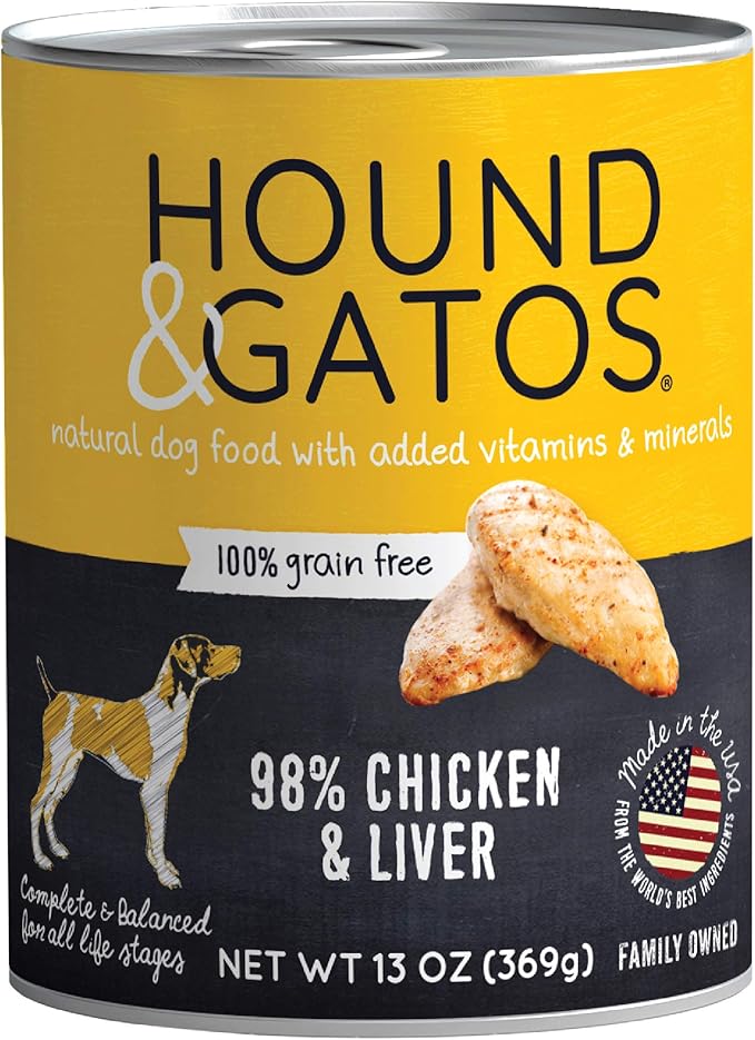 Hound & Gatos Wet Dog Food, 98% Chicken & Liver, case of 12, 13 oz cans