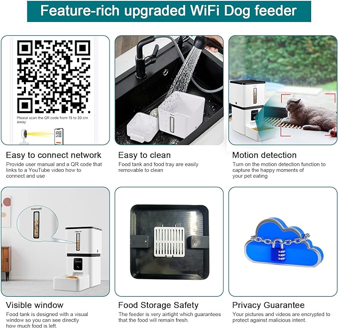 DoHonest Automatic Dog Feeder with Camera - 5G WiFi Easy Setup 8L Motion Detection Smart Cat Food Dispenser 1080P HD Video Recording 2-Way Audio Timed Pet Feeder App Control Night Vision