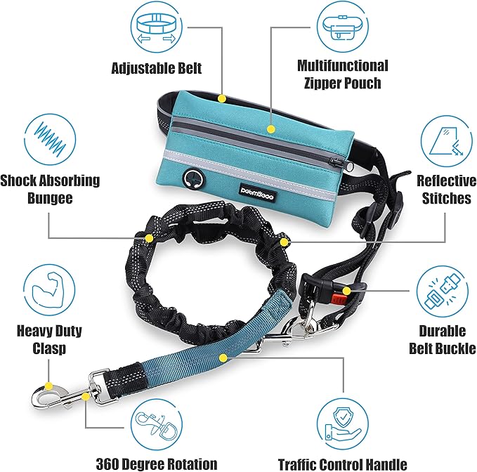Hands Free Dog Leash with Zipper Pouch, for Medium and Large Dogs, 4Ft 6 Ft, Waist Leash for Dog, Durable Bungee for Walking, Jogging, and Running Your Dog (Large, 25-120 lbs, Blue)