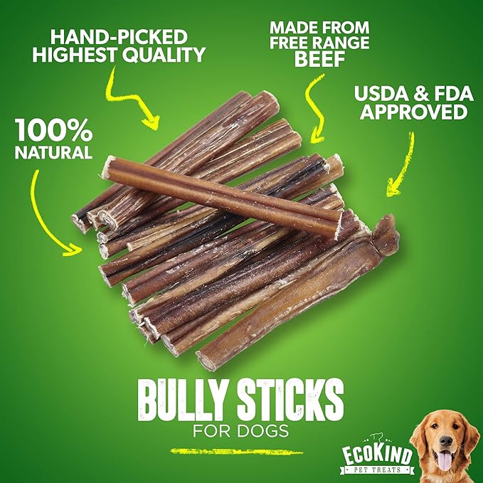 EcoKind Pet Treats All-Natural Premium 12 Inch Bully Sticks for Dogs | 16 Oz. Bag | Delicious Protein Rich Dog Chews