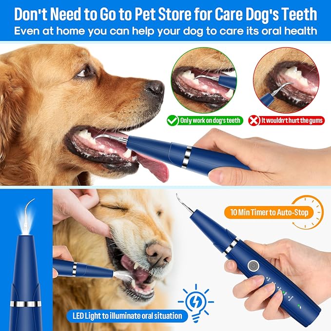 Ultrasonic Dog Teeth Cleaning Kit for Pet Teeth Cleaning, Dog Plaque Remover for Teeth, 5 Modes Dog Tartar Remover for Teeth Care to Remove Stains Calculus, 10 in 1 Pet Cleaner Toothbrush (Blue)