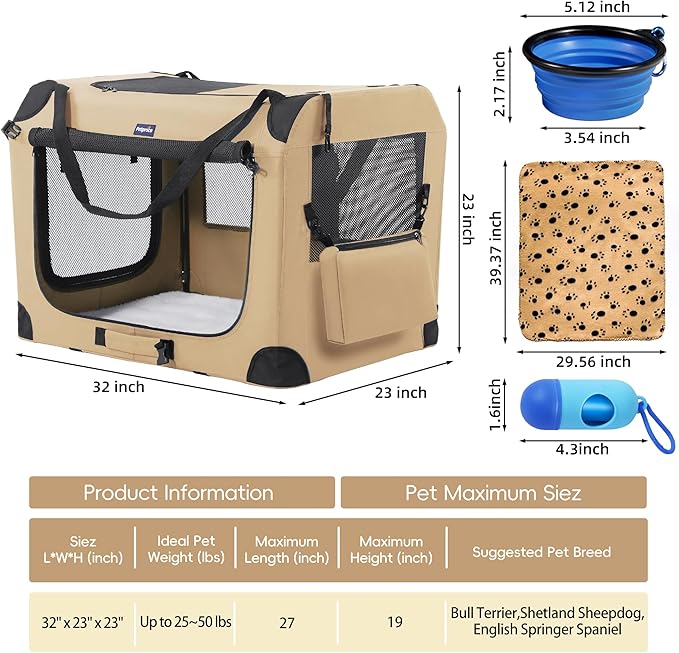 Portable Dog Crate, Collapsible Dog Travel Crate 32x23x23 with Soft Blanket Foldable Bowl and a Poop Bag with Dispenser for Medium & Large Dogs