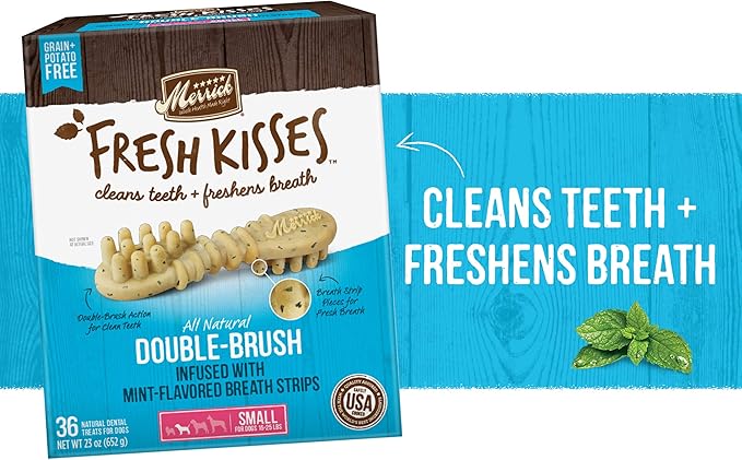 Merrick Fresh Kisses Natural Dental Chews, Toothbrush Treat Shape Infused With Real Mint, Small Dogs 15-25 Lbs - 9 ct. Bag