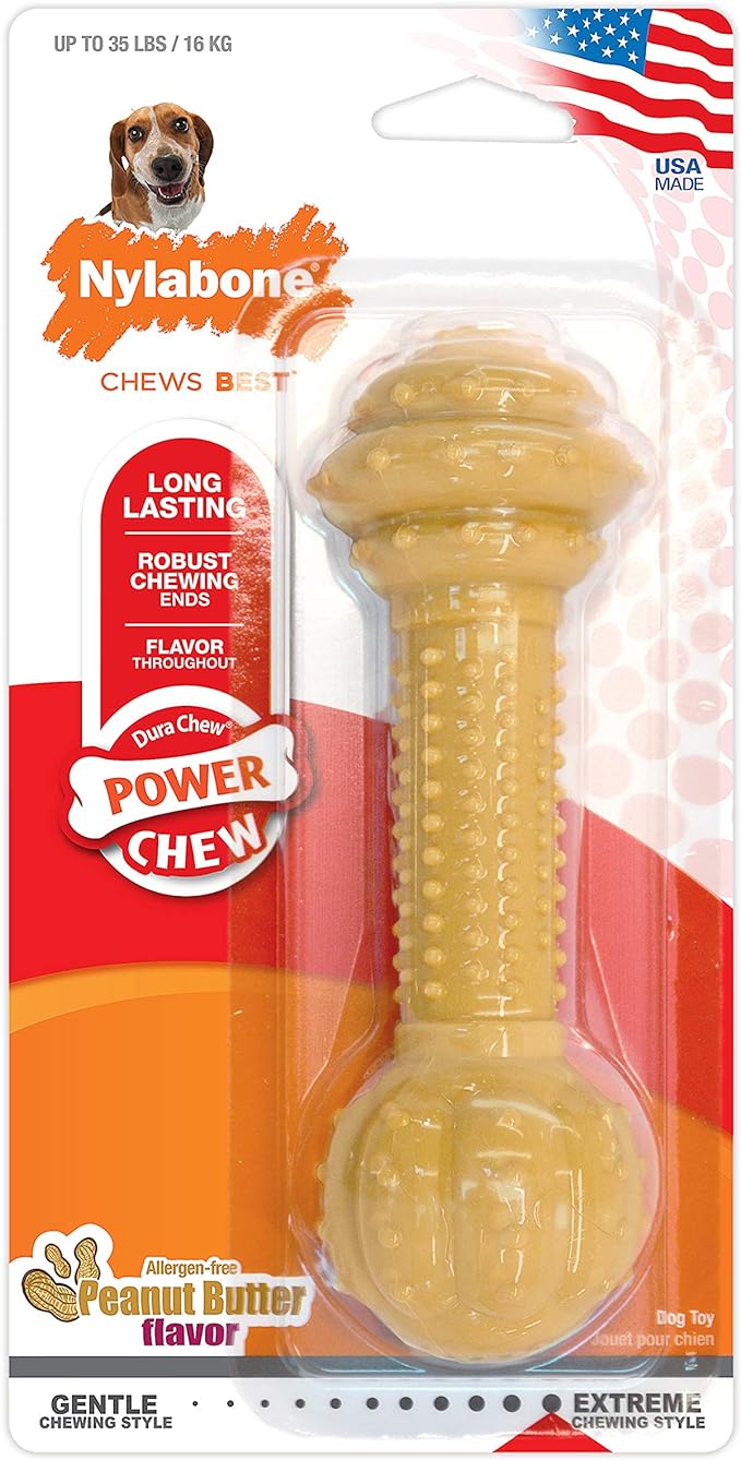 Nylabone Power Chew Barbell Bone Chew Toy for Dogs, Durable Dog Toy, Peanut Butter Flavor, Medium - Up to 35 lbs. (1 Count)
