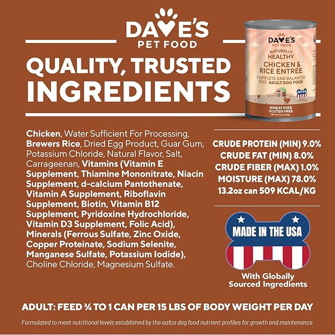 Dave's Pet Food Wet Dog Food (Chicken & Rice), Made in USA Naturally Healthy Canned Dog Food, Added Vitamins & Minerals, Wheat & Gluten-Free, 13.2 oz Cans (Case of 12 pk)