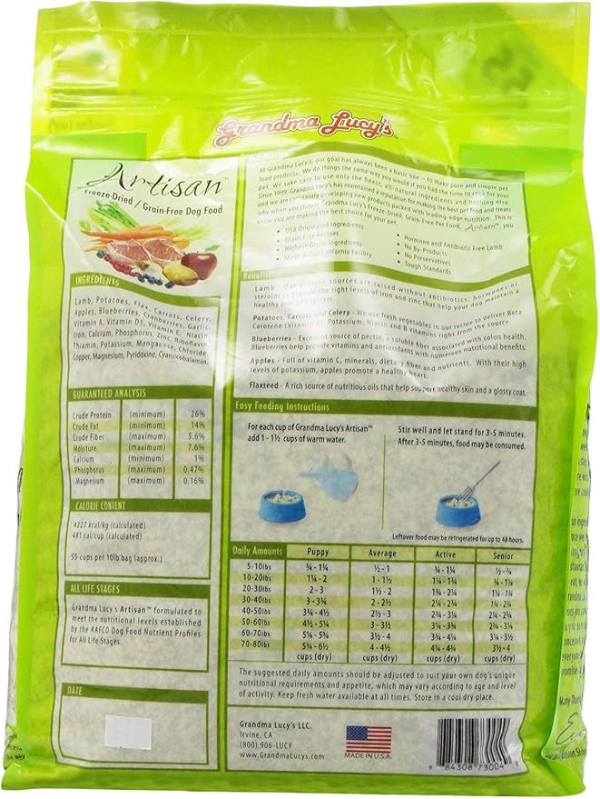 Grandma Lucy's Artisan Dog Food, Grain Free and Freeze-Dried - Artisan Lamb, 3Lb Bag