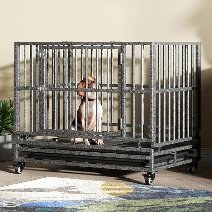 38/42/46 inch Heavy Duty Extra Large Indestructible Dog Crate Kennel Indoor with Separation Anxiety Lockable Wheels and Removable Tray