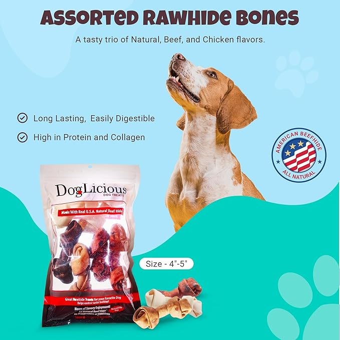 Flavored Rawhide Bones Assortment for Dogs, Long Lasting Dog Chews, Beef, Natural and Chicken Flavored Dog Chew Treats Knotted Bones 4”-5” (Pack of 6) (Item 50872)