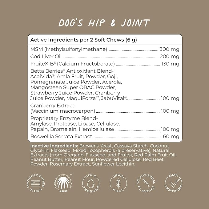 CYMBIOTIKA Dog Hip & Joint Support Supplement, Cod Liver Oil and MSM Supplement for Dog Bone Health Support, Omega Rich Chewy Treats for Small to Large Breed Dogs, Peanut Butter Flavor, 50 Chews