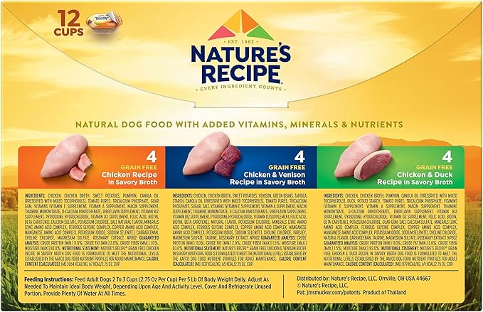 Nature's Recipe Grain Free Wet Dog Food, Chicken/Venison/Duck Variety Pack, 2.75 Ounce Cup (Pack of 24)