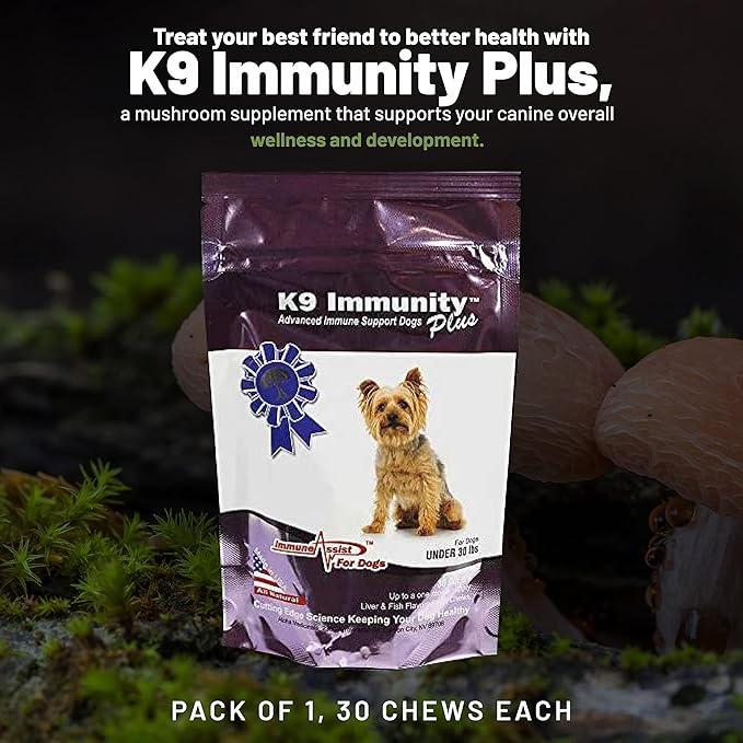 K9 Immunity Plus - Potent Immune Booster for Dogs Under 30 lbs - Certified Organic – Mushroom Enhanced Supplement - Veterinarian Recommended Dog Health Supplement (30 Chews)
