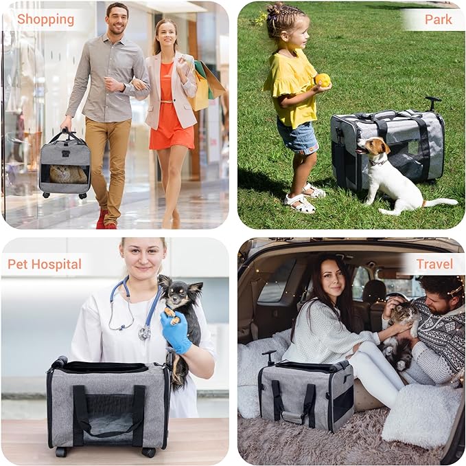 COOLBEBE Cat Dog Carrier with Upgraded Wheel, Collapsible Airline Approved Pet Carriers for Small Dogs and Cats,Soft Animal Travel Carrier Bag for Flight Outdoor Camping (Grey)