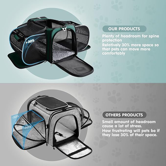 Cat Carrier, Pet Carrier Airline Approved, 2 Sides Expandable Dog Carrier, Soft-Sided Collapsible Dog Travel Bag with Removable Fleece Pad for Cats, Puppy and Small Animals (Green)