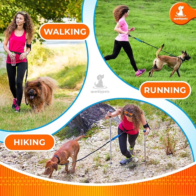 SparklyPets Hands Free Dog Leash with Reflective Stitches – Waist Leash for Dog Walking, Training & Jogging – Running Leash Hands Free for Medium & Large Dogs