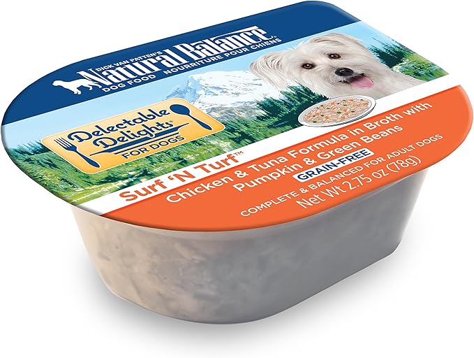 Natural Balance Delectable Delights Grain-Free Surf 'N Turf - Chicken & Tuna in Broth with Sweet Potato & Green Beans | Adult Wet Dog Food | 2.75-oz. Cup (Pack of 24)