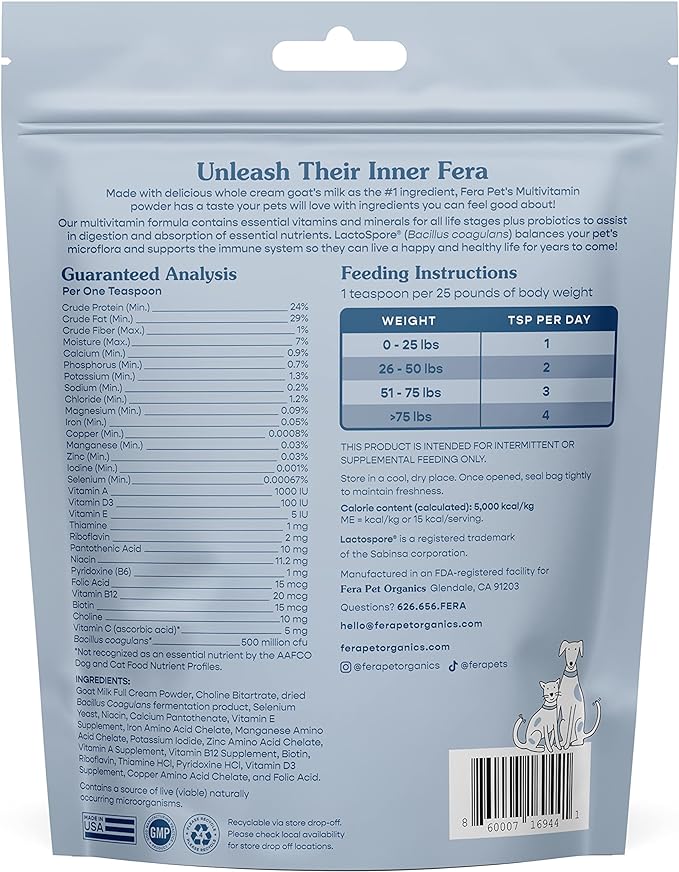Fera Pets Multivitamin Goat Milk Cat & Dog Food Topper – Vet Created - Cat & Dog Multivitamin - Probiotics & Essential Vitamins & Minerals–60 Servings