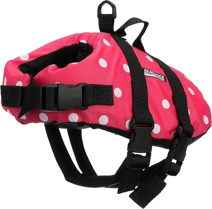 Seachoice Dog Life Vest, Adjustable Life Jacket for Dogs, w/Grab Handle, Pink Polka Dot, Size XS, 7-15 Lbs.