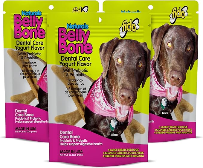 Belly Bones for Dogs, Yogurt Flavored Large Dog Dental Treats - 4 Treats Per Pack (3 Pack) - for Large Dogs (Made in USA) - Plaque and Tartar Control for Fresh Breath, Digestive Health Support