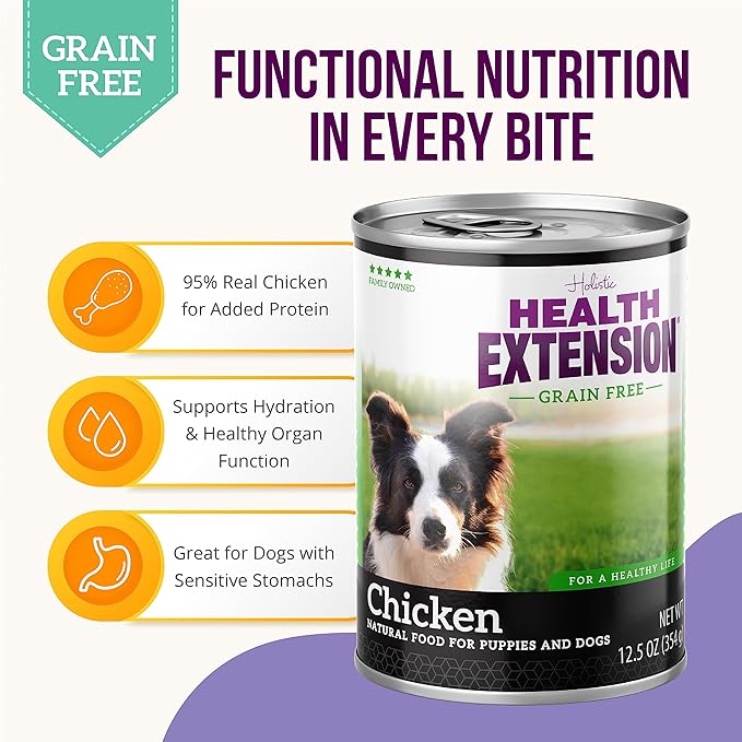 Health Extension Wet Dog Food, Gluten and Grain-Free, Healthy Natural Food Canned for Puppies, Chicken Recipe
