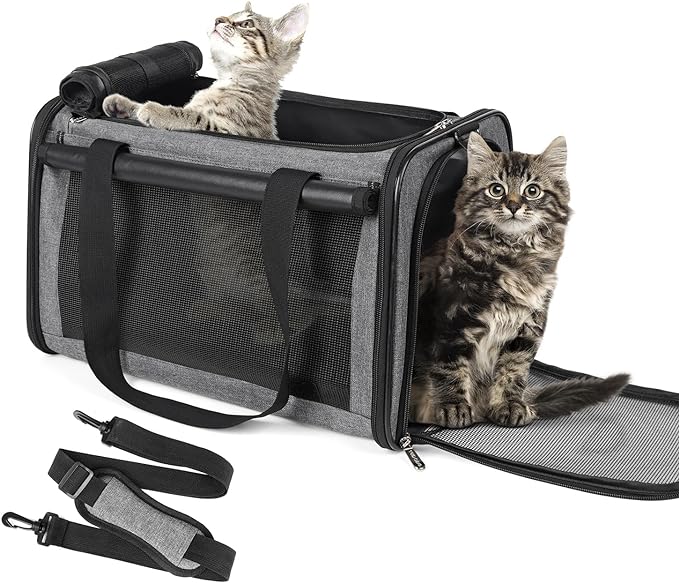 YUDODO 25 lbs Lightproof Pet Carriers Airline Approved Dog Cat Travel Soft Sided Carrier Reflective Mesh Safe Pet Cat Carrier Foldable Portable Small Animal Rabbit Puppy Cat Carrier Grey Green