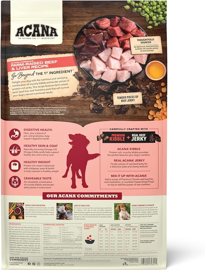 ACANA Butcher's Favorites Dry Dog Food, Farm-Raised Beef & Liver Recipe, Dry Kibble and Beef Jerky Pieces, 17lb