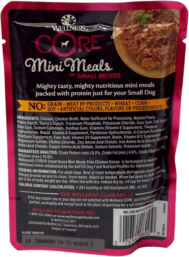 Wellness CORE Mini Meals Grain Free Small Breed Dog Wet Food 3 Flavor 6 Pouch Sampler, 2 Each: Chicken Pate, Chunky Chicken and Liver, Shredded Chicken Turkey (3 Ounces) Plus Toy Bundle