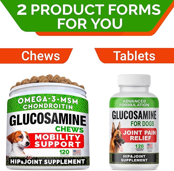 Glucosamine Tablets for Dogs - Joint Supplement w/Omega-3 Fish Oil - Chondroitin, MSM - Advanced Mobility Chews - Joint Pain Relief - Hip & Joint Care - 120 Ct - Made in USA
