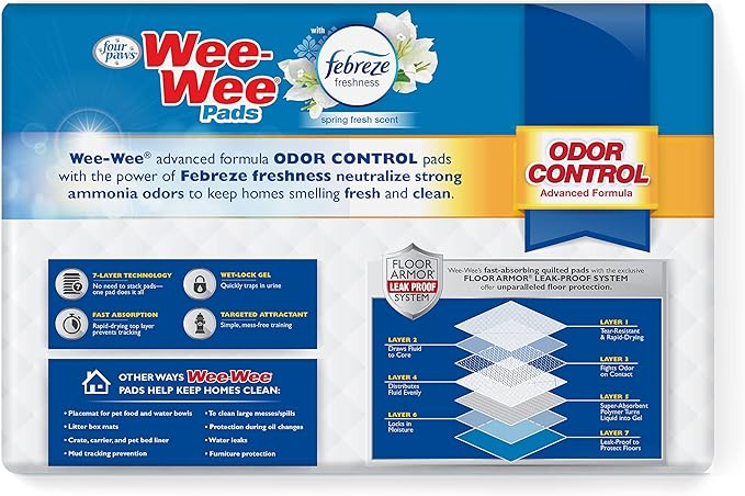 Four Paws Wee-Wee Odor Control with Febreze Freshness Pee Pads for Dogs of All Sizes, Leak-Proof Floor Protection Dog & Puppy Quilted Potty Training Pads, Spring Fresh Scent, 22" x 23" (50 Count)