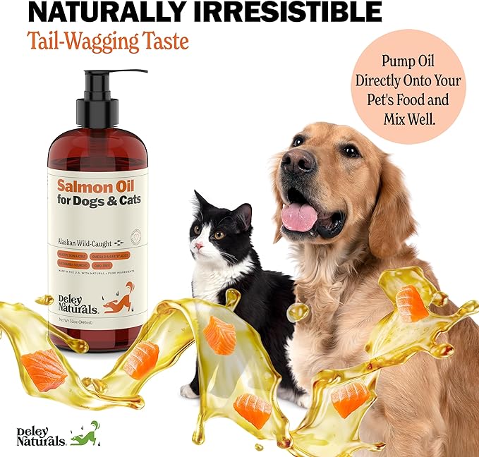 Deley Naturals Premium Alaskan Wild Caught Salmon Oil for Dogs and Cats - Omega-3 Rich Fish Oil Supplement for Healthy Skin, Coat, and Joints - All-Natural, Sustainably Sourced - 32 Oz