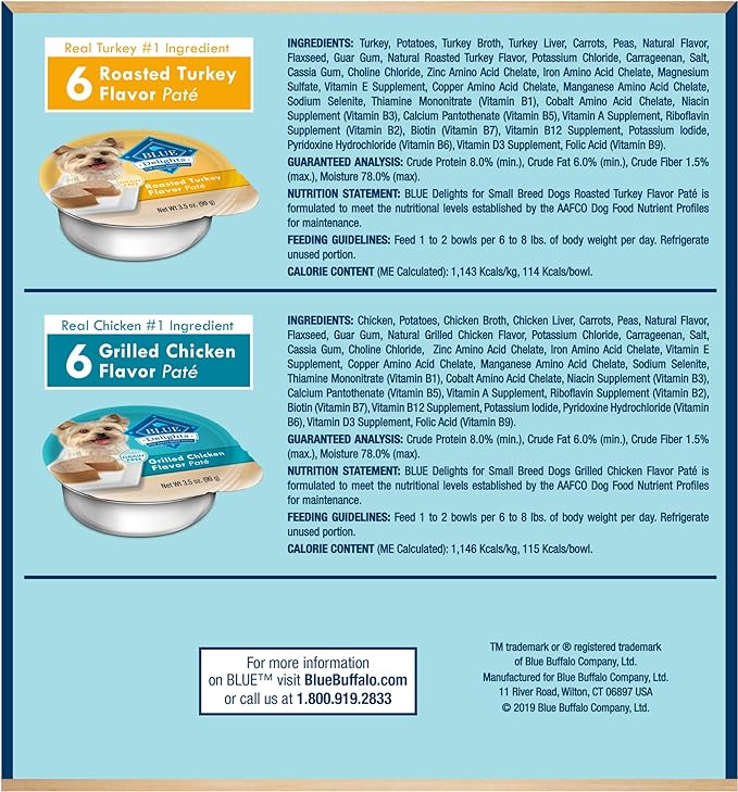 Blue Buffalo Delights Natural Small Breed Wet Dog Food Cups Variety Pack, Roasted Turkey and Grilled Chicken Flavor 3.5-oz (12pack- 6 of Each Flavor)