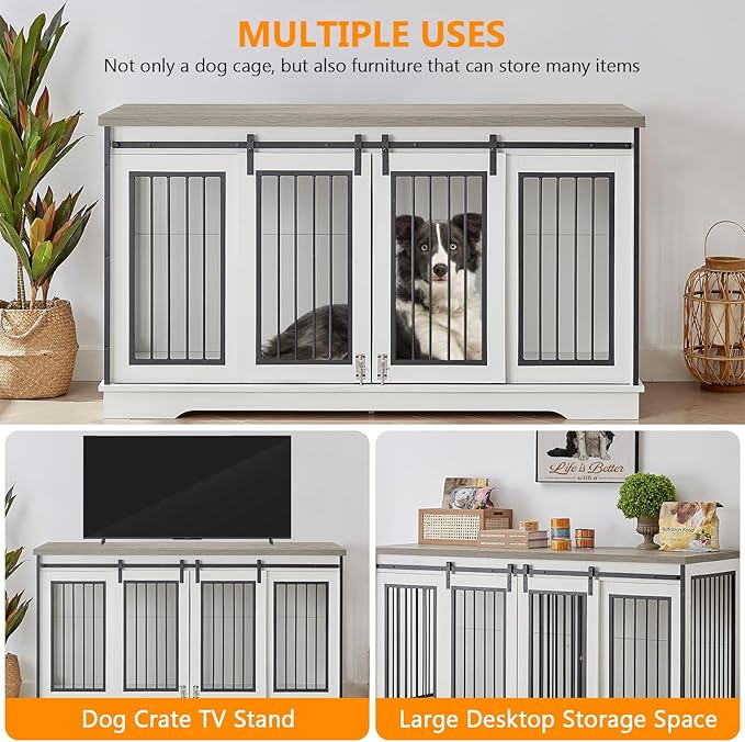 2-in-1 Double Dog Crate Furniture for 2 Dogs 60.6 Inch White Sturdy Double Dog Kennel TV Stand with Divider and Sliding Doors